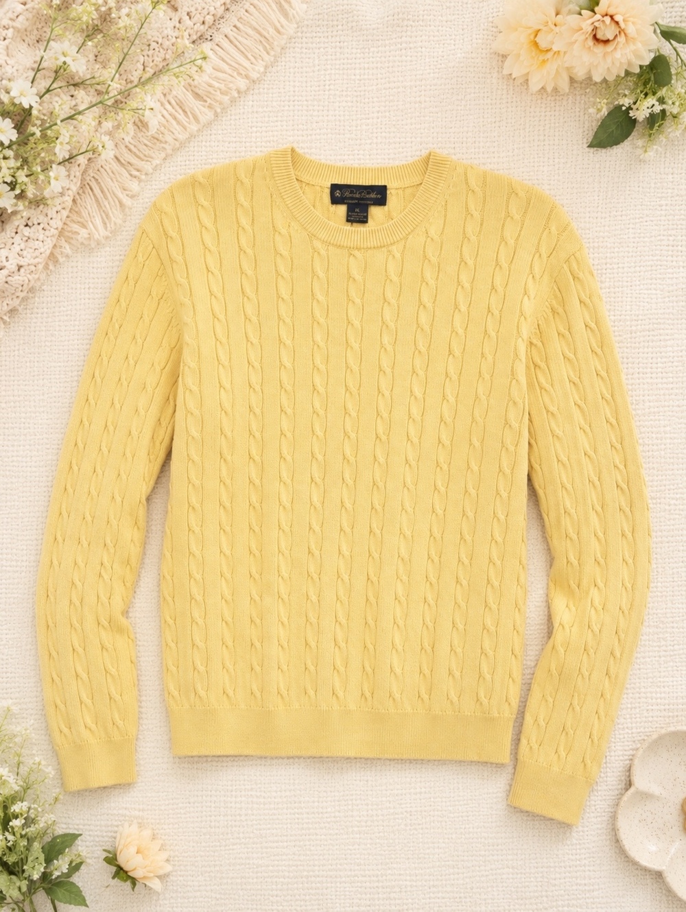 Brooks Brothers Yellow Cable Knit Sweater XL Cotton